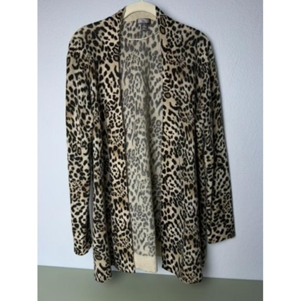 Charter Club 100% Cashmere Cardigan Womens L Leopard Print Open Front Sweater